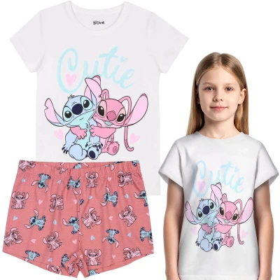 Afbeelding van DISNEY Stitch Angel Witte en roze KATOENEN meisjespyjama met korte mouwen, VOOR DE ZOMER tweedelig, 100% KATOEN, OEKO TEX