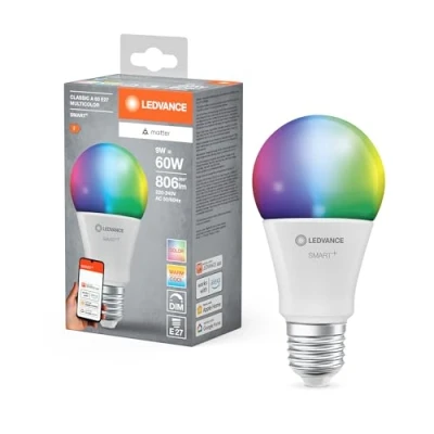 Afbeelding van LEDVANCE SMART+ MATTER LED lamp, compatibel met Google, Alexa, Apple, witte matte look, 9W, 806lm, E27 fitting, gekleurd licht en wit licht, app of stembediening, levensduur tot 20.000 uur