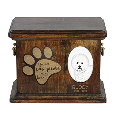 Afbeelding van Art Dog Custom Memorial Urn Handgemaakt Koud Gegoten Bronzen Portret op Berken Basis met Gepersonaliseerde Keramische Plaat 8,3x11,4x8,7 Bichon