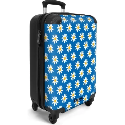 Afbeelding van NoBoringSuitcases.com® Handbagage koffer lichtgewicht Reiskoffer trolley Blauw met madeliefjes Rolkoffer wieltjes Past binnen 55x40x20 en 55x35x25