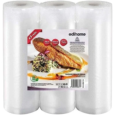 Afbeelding van Edihome, Vacuümzakken voor levensmiddelen, 28 x 300 cm, 3 rollen, vacuümverpakkingsrollen, BPA vrij, sous vide (3 rollen cm)