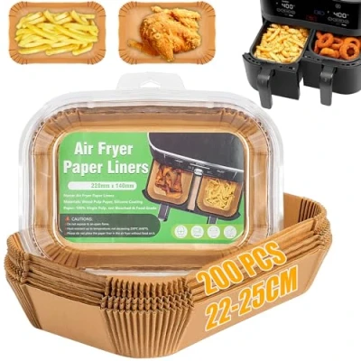 Afbeelding van Owelth 200 stuks bakpapier voor air fryer dual zone, 22 25cm rechthoekig, anti aanbak olie bestendig wegwerp papier inzet, accessoires inzetstukken