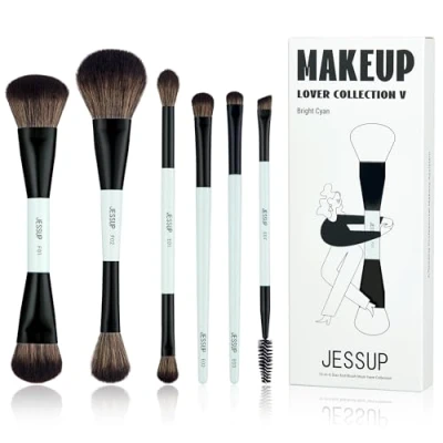 Afbeelding van Jessup Make up Kwasten Set van 10 in 6 Double Ended Kwast Gezicht en Ogen Borstels voor Fundering,Oogschaduw,Contour, Blozen,Highlighten,Blenden, Wenkbrauw Borstel,Helder Cyaan T501