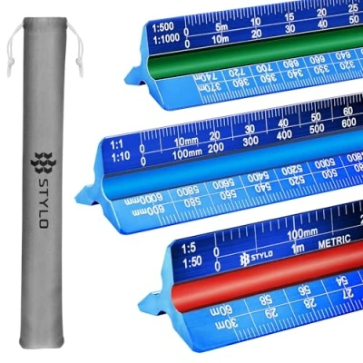 Afbeelding van Aluminium architect schaalliniaal 30 cm liniaal laser geëtste driehoek opstellen met kleurgecodeerde groeven voor blauwdruk, architectonische (blauw, metrische