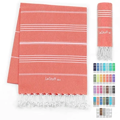 Afbeelding van LeStoff de traditionele Hamamdoek Strandlaken Badhanddoek Saunahanddoek Douchehanddoek Spa Sport Yoga Reizen 100% Biologisch Katoen. Duurzaam, natuurlijk, zacht en voorgewassen. (95 x 180 cm, Coral(Salmon))