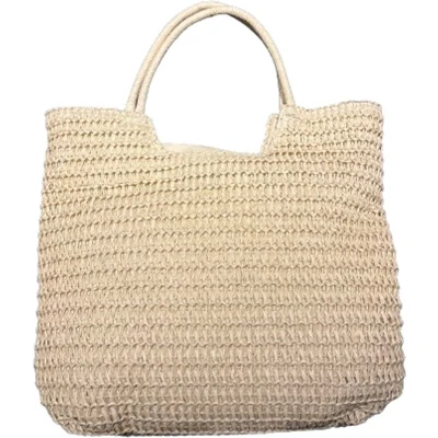 Afbeelding van Boodschappentas strandtas rieten tas nylon binnenafwerking met rits modieus trendy beige