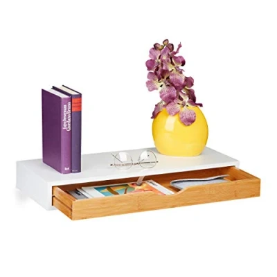 Afbeelding van Relaxdays wandplank met lade, HxBxD: 8 x 60 24 cm, wandschap scandinavisch design, MDF, bamboe, wit/natuur