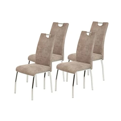 Afbeelding van Set eetkamerstoel Susi II, microvezel Vintage look beige, metalen frame verchroomd modern 4er Beige