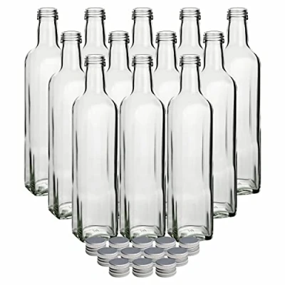 Afbeelding van gouveo Set van 12 glazen flessen, 500 ml, maraska, met schroefsluiting, zilverkleurig, lege fles glas deksel om te vullen, voor likeurfles, oliefle, azijnfles (MFET500S)