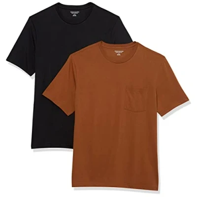 Afbeelding van Amazon Essentials Heren Regular Fit T shirt met korte mouwen en ronde hals, 2 stuks, zwart/bruin, maat L