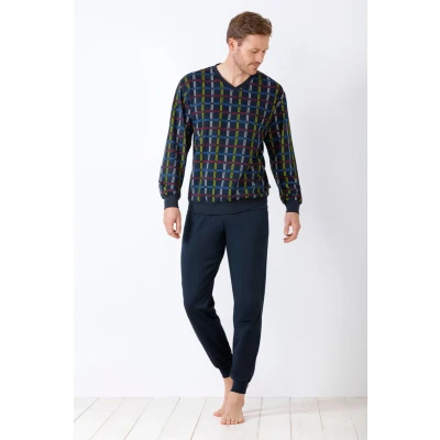Afbeelding van Blauwe heren pyjama met kleurrijk blokmotief Blauw Maat 56