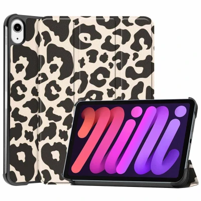 Afbeelding van Apple iPad Mini 7 (2024) Hoes: imoshion Design Trifold Bookcase Leopard Kunstleder Tablet Hoezen