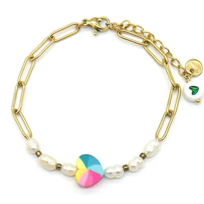 Afbeelding van Armband Dames Hart en Parels RVS Lengte Verstelbaar 17 21 cm Goudkleurig