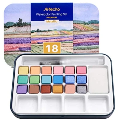 Afbeelding van Artecho Aquarelverfset, 18 metallic kleuren, inclusief aquarelpen, lichtgewicht en draagbaar, aquarelverf voor kunstenaars beginners