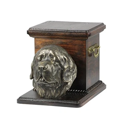 Afbeelding van Art Dog Handgemaakte Aangepaste Hondenherdenkingsurn Koudgegoten Bronzen Hondenkop op Berkenbasis Gepersonaliseerde Hondencrematiedoos 19x31x22cm Newfoundland