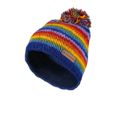 Afbeelding van Pachamama Dames Wollen Beanie Bobble Hoed Fleece Gevoerd Handgebreid Regenboog Kleuren Streep Veelkleurige One size Handgemaakte Extra Warm Fair Trade, Meerkleurig,