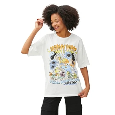 Afbeelding van Koton CREW NECK Short Sleeve Tshirt print, Dames, Maat: 34, Ecru