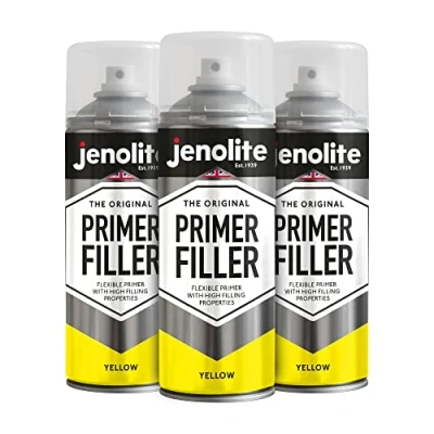 Afbeelding van JENOLITE Primervuller Spuitbusverf GEEL Flexibele primer met hoge vuleigenschappen Vult kleine deuken en krassen voor een gladde afwerking 3 x 400 ml