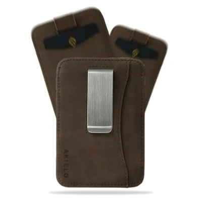 Afbeelding van AKIELO RFID Blokkerende Kaarthouder met Geldclip en Geschenkdoos Compacte Dunne Portemonnee Minimalistische Kaart (CHARLIE Donkere Mokka Clip Editie)