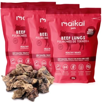 Afbeelding van MAIKAI Runderstrossen voor honden, gedroogd, verpakking van 3 x 80 g, hondenlekkernijen, 100% natuurlijke snacks, BARF dieet, lekkernijen puppy&#039;s