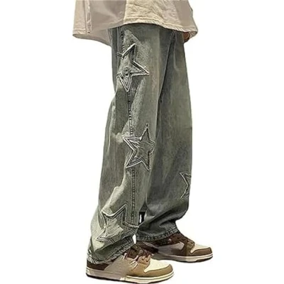 Afbeelding van MuziZy Y2K Baggy Jeans voor dames, vintage ster, patchwork, hoge taille, rechte pijpen, Emo Grunge denim broek met zakken, Blauw, S