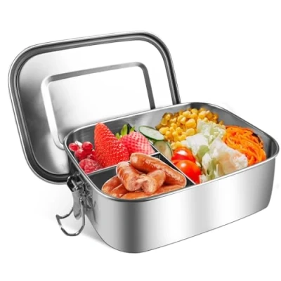 Afbeelding van HOSPAOP Roestvrijstalen broodtrommel met vakken, 1400 ml, lunchbox, metaal, lekvrij, 3 bento box, snackbox, brooddoos voor kinderen en volwassenen