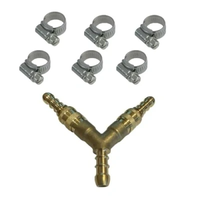 Afbeelding van 3 weg Quick Release Gas slang Splitter Koppeling voor 8mm propaan/butaan + 6 clips