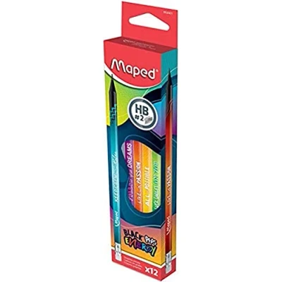 Afbeelding van Maped 12 Black&#039;Peps Energy HB grafietpotloden Zwarte potloden versierd Positieve en inspirerende boodschap Box 852001 meerkleurig
