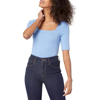 Afbeelding van Amazon Essentials Women&#039;s T shirt met halve mouwen, vierkante hals en slanke pasvorm, Blauw, XS