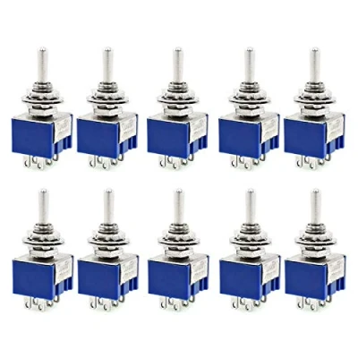 Afbeelding van BE TOOL Set van 10 DPDT mini tuimelschakelaars 2 voudig ON AC 6A/125V 6 polig (blauw)