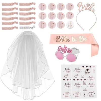 Afbeelding van Bride to Be Sjerp en sluier, accessoires voor vrijgezellenfeest vrijgezellenfeest, set met tiara bril, 12 armbanden, badge