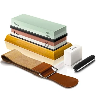 Afbeelding van Finew Professionele slijpsteenset, premium dubbelzijdige korrel 400/1000, 3000/8000, slijpsteen voor messen, met antislip bamboebasis, platte steen, hoekgeleiding en leren strips