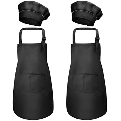 Afbeelding van Set van 2 witte kinderschort en kookmutsen, kinderkeuken tuin schorten met zakken voor jongens meisjes, kleine kinderen kookschort keukenschort koken bakken schilderen knutselen (M 3 6 jaar)