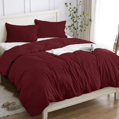 Afbeelding van Cotopuro Beddengoed 140 x 200 cm, 2 delig, 100% katoen, dekbedovertrekset cm (1 kussensloop 50 80 cm), van premium 150 g/m², zacht, ademend, hypoallergeen, bordeaux
