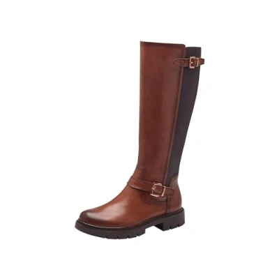 Afbeelding van Tamaris Comfort Hoge dameslaarzen zonder hak, met ritssluiting en gespen, cognac, 36 EU