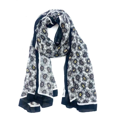 Afbeelding van Lange dames sjaal Babetta paisleymotief zwart wit grijs roze goud