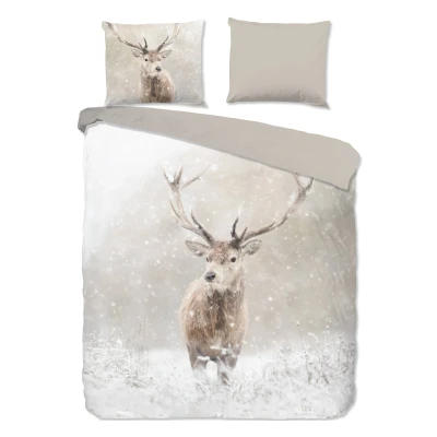 Afbeelding van Flanellen Dekbedovertrek 240x220 cm Herten in Winterlandschap Print Zand 2 Persoons 100% Katoen Flanel
