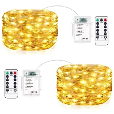 Afbeelding van Vacoulery Lichtsnoer met batterij timer, 2 stuks batterijen, koper, draadlichtketting, 10 m, 100 leds, lichtketting, Kerstmis, 8 programma&#039;s, voor kamer, terras, binnen en buitendecoratie,