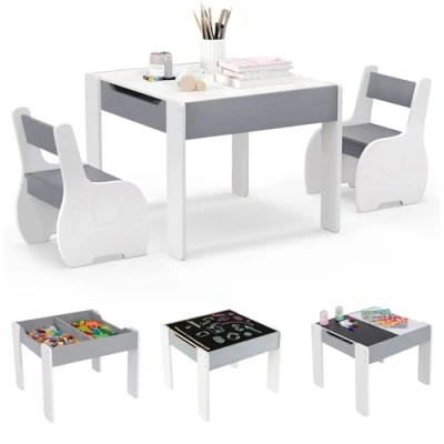 Afbeelding van COSTWAY Kindertafel met 2 stoelen, 3 delige houten kinderzitgroep omkeerbaar en afneembaar tafelblad, kinderschildertafel opbergruimte, kindermeubelzitgroep voor vanaf jaar (lichtgrijs)