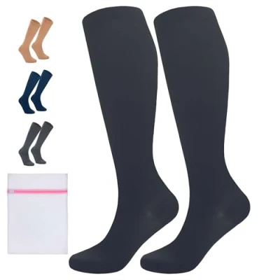 Afbeelding van 360 Relief 1 Paar Compressiesokken Dammes en Herren Effen Kleuren Compressiekousen voor Sport, Hardlopen, Vliegen, Reizen, Joggen, Fietsen, Werk Zwart L/XL Kniehoge sokken met Mesh Waszakje