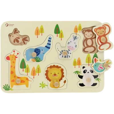 Afbeelding van CLASSIC WORLD Houten puzzel Dieren met pinnen Match the Shapes Puzzle 8 stuks.