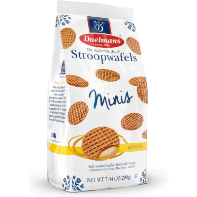 Afbeelding van Daelmans Stroopwafels Mini Honingwafels Voordeelverpakking: 12 blokzakken (blokzak bevat 25 Honing Stroopwafels) Authentieke Nederlandse