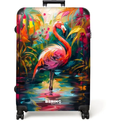 Afbeelding van NoBoringSuitcases.com® Koffer groot Reiskoffer lichtgewicht Flamingo in kleurrijke omgeving van olieverf Rolkoffer met 4 wielen Grote trolley XL 98 liter bagage
