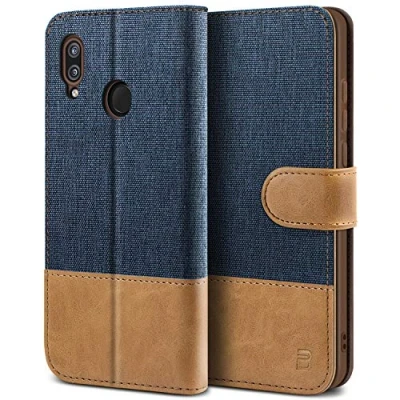 Afbeelding van BEZ Huawei P20 Lite Hoesje, Hoes Book Case Leer Wallet, Flip Wallet Hoesje [Canvas Kunstleer] met Creditcardhouders, Standaard, Magnetische Sluiting, Blauw