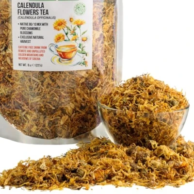 Afbeelding van Thé aux pétales de fleurs calendula vert Sibérie 227 g souci séché sauvage récolté dans les montagnes dorées l&#039;Altaï