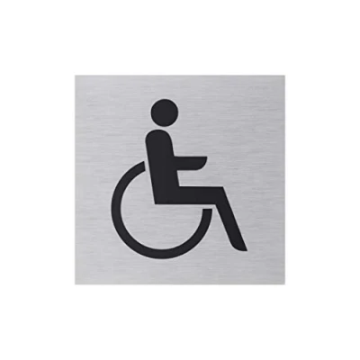 Afbeelding van Metafranc Plakplaat symbool: Rolstoel 80 x mm van aluminium in moderne roestvrijstalen look zelfklevende achterkant/vertekening/informatiebord/commerciële etikettering / 507110