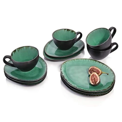 Afbeelding van Sänger koffieservies Palm Beach van porselein 12 delige bekerset, inhoud de beker 300 ml, set bestaande uit kopjes en ovalen schoteltjes dessertborden afgewerkt in geglazuurd aardewerk vintage look met craquelé effect