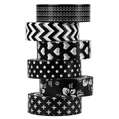 Afbeelding van UOOOM washi tape set van 6 rollen 10 m x 15 mm afplakband zwart wit patroon decoratielint plakbanden DIY scrapbook decoratie (zwart)
