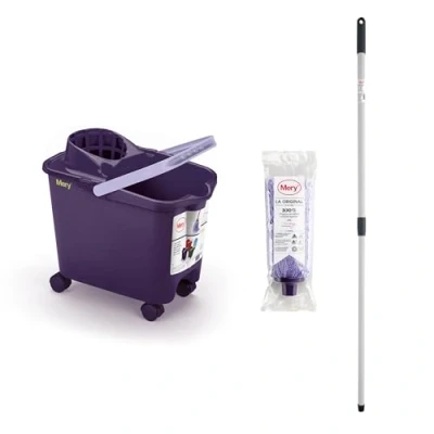Afbeelding van Mery Set emmer met mop en stok, automatisch afdruipoppervlak wielen, paars paars, 14 l, super absorberende microvezelmop, universele schroefdraad, telescoopstang van kunststof, 80 x 140 cm