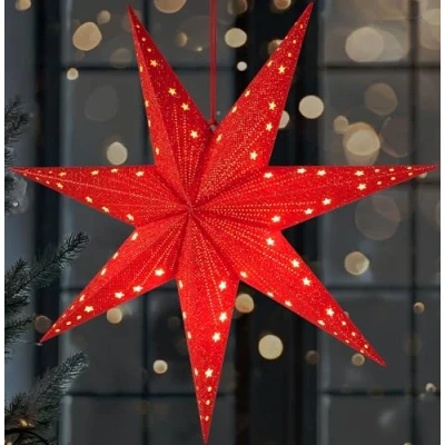 Afbeelding van BRUBAKER LED Kerstster om op te Hangen 60 cm Papieren Ster met 7 Punten 3D Adventsster Werkt Batterijen, Hangend en Verlicht Raamdecoratie Lichtster Rood